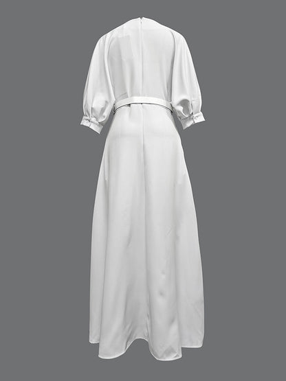 Half Sleeves Loose Belted Solid Color Deep V-Neck Maxi Dresses