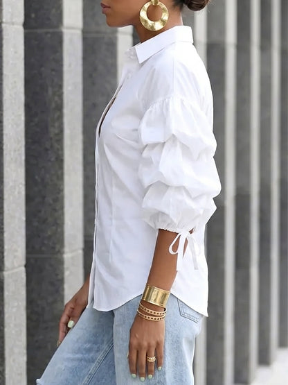 Loose Puff Sleeves Buttoned Solid Color Tied Lapel Blouses&Shirts Tops