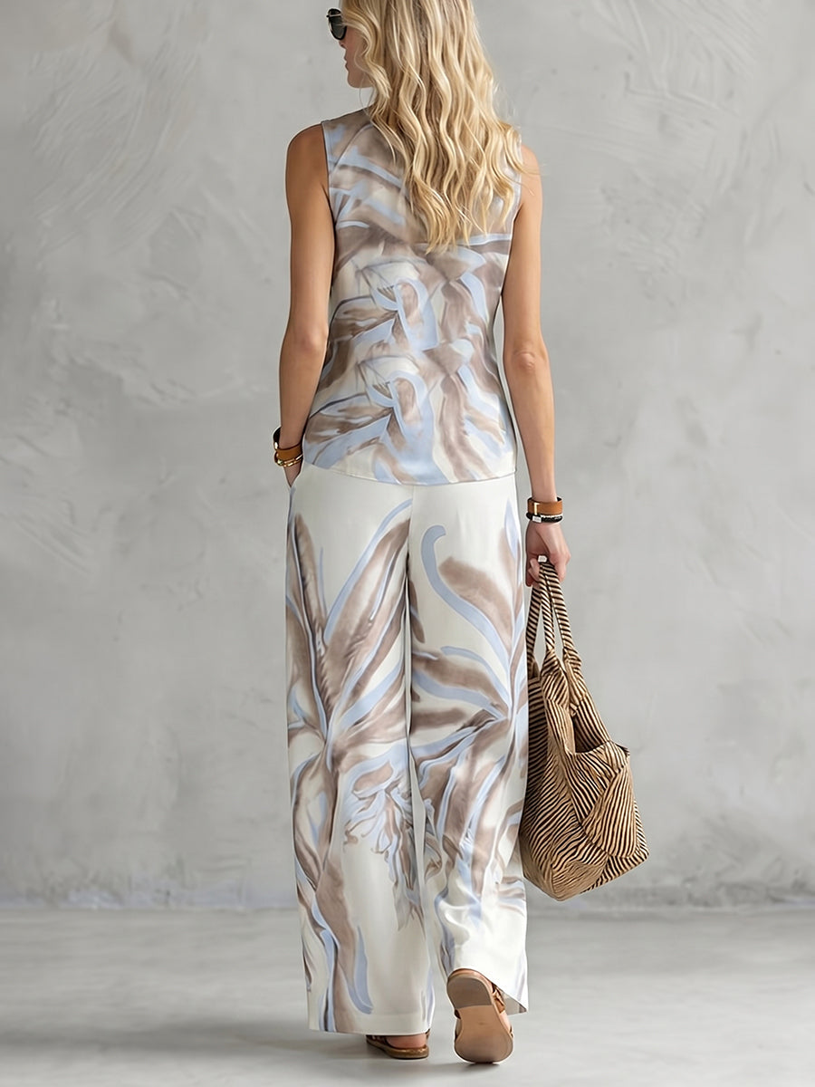 Loose Sleeveless Contrast Color Pleated Printed Round-Neck Blouses&Shirts Tops