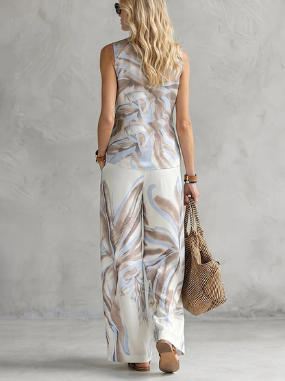 Loose Sleeveless Contrast Color Pleated Printed Round-Neck Blouses&Shirts Tops