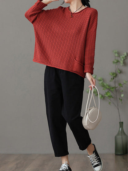 Artistic Retro Loose Long Sleeves Jacquard Solid Color Round-Neck Sweater Tops