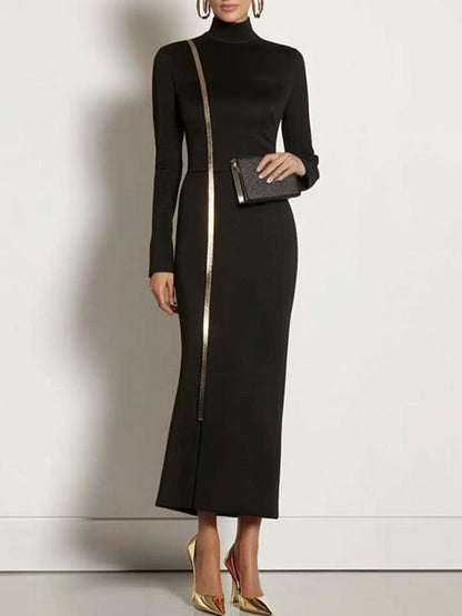 Bodycon Long Sleeves Asymmetric Split-Joint High Neck Maxi Dresses