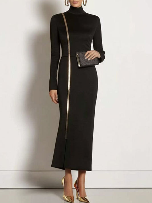Bodycon Long Sleeves Asymmetric Split-Joint High Neck Maxi Dresses