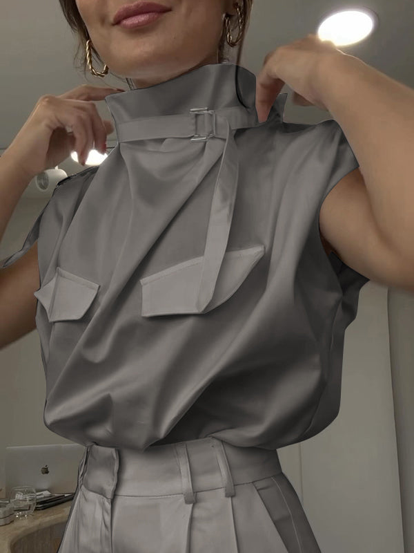 Chemisiers et chemises amples sans manches à col montant et boucle de couleur unie 