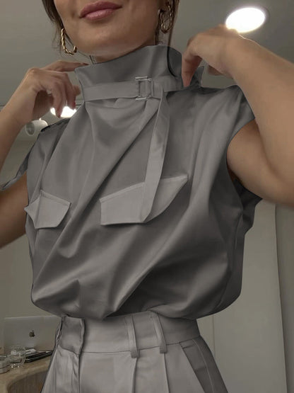 Chemisiers et chemises amples sans manches à col montant et boucle de couleur unie 