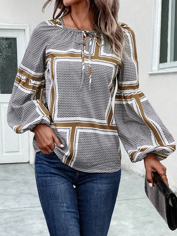 Long Sleeves Loose Elasticity Print Tied V-Neck Blouses&Shirts Tops