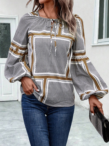 Long Sleeves Loose Elasticity Print Tied V-Neck Blouses&Shirts Tops
