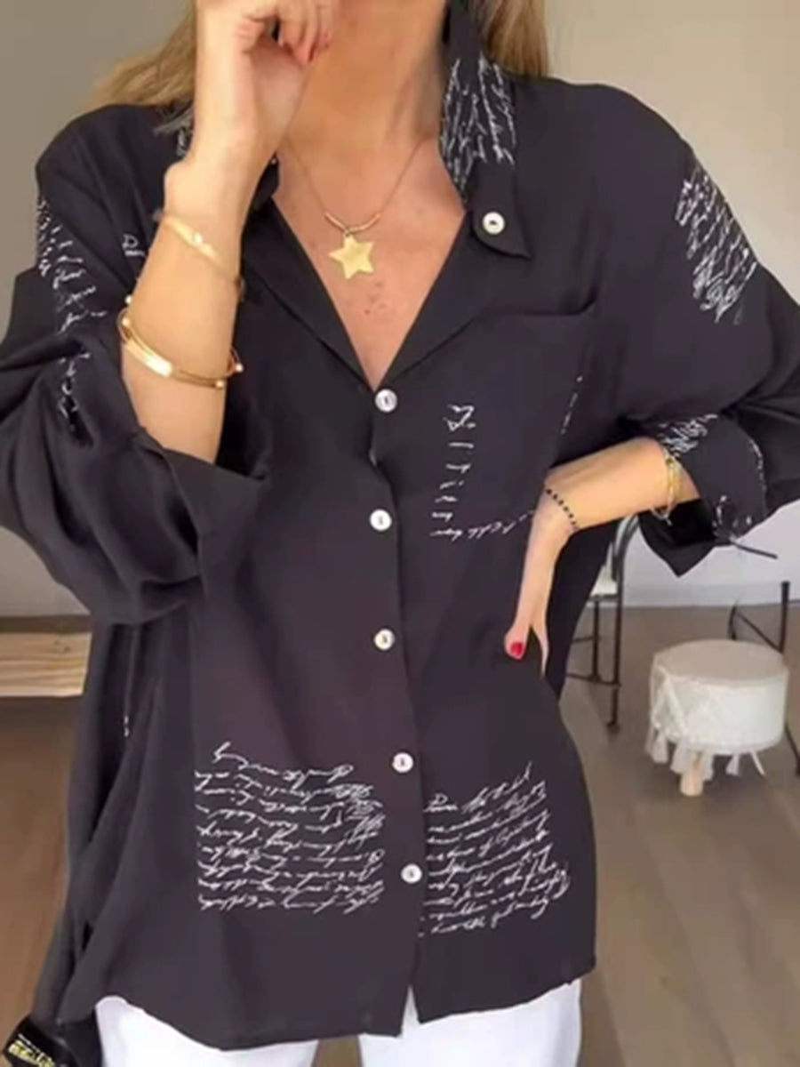 High-Low Long Sleeves Contrast Color Letter Print Pockets Lapel Blouses&Shirts Tops