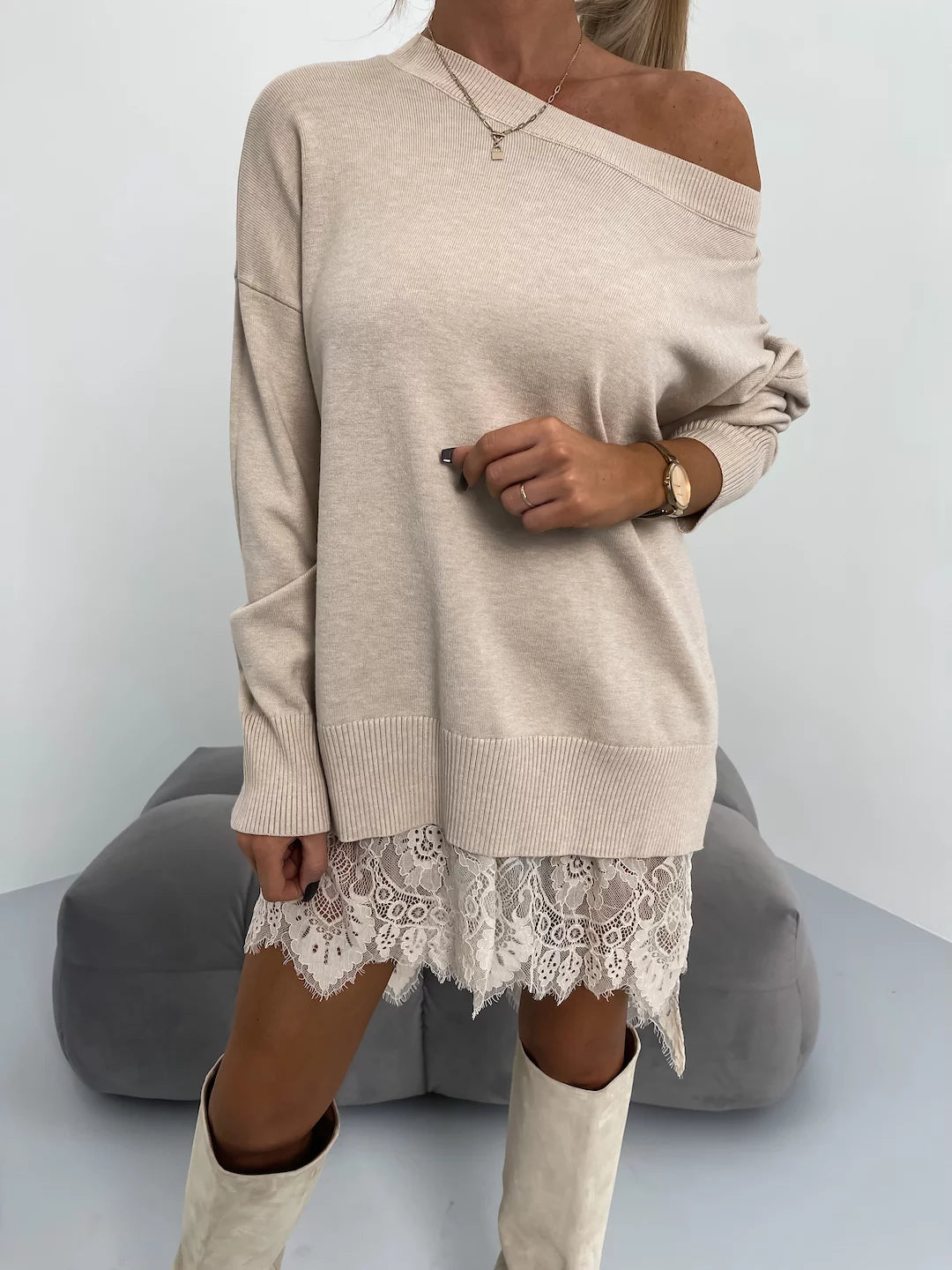 Lace Split Mid-Length Round Neck Hoodie