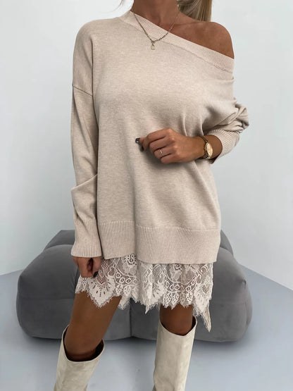Lace Split Mid-Length Round Neck Hoodie