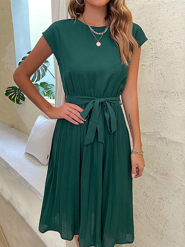A-Line Loose Pleated Solid Color Tied Waist Round-Neck Midi Dresses