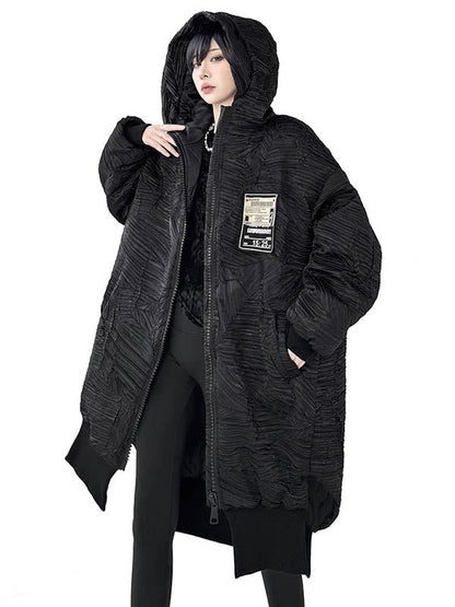 High-Low Irregularity Abstract Printed Contrast Color Split-Joint Zipper Hooded Outerwear Overcoat