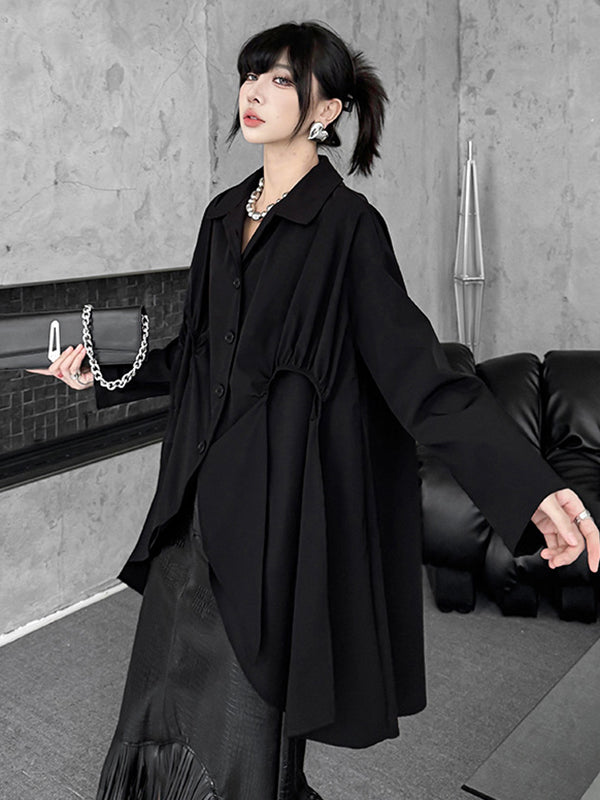 High-Low Irregularity Buttoned Pleated Solid Color Split-Joint Shirt Collar Blouses&Shirts Tops