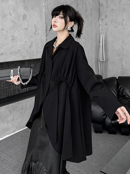 High-Low Irregularity Buttoned Pleated Solid Color Split-Joint Shirt Collar Blouses&Shirts Tops