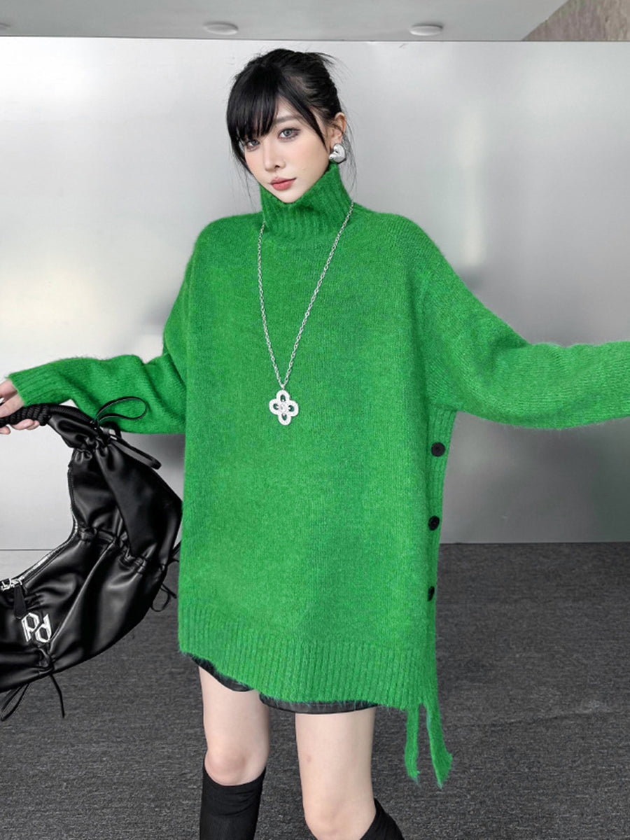 Irregularity Long Sleeves Buttoned Ribs Solid Color Split-Joint High Neck Sweater Tops