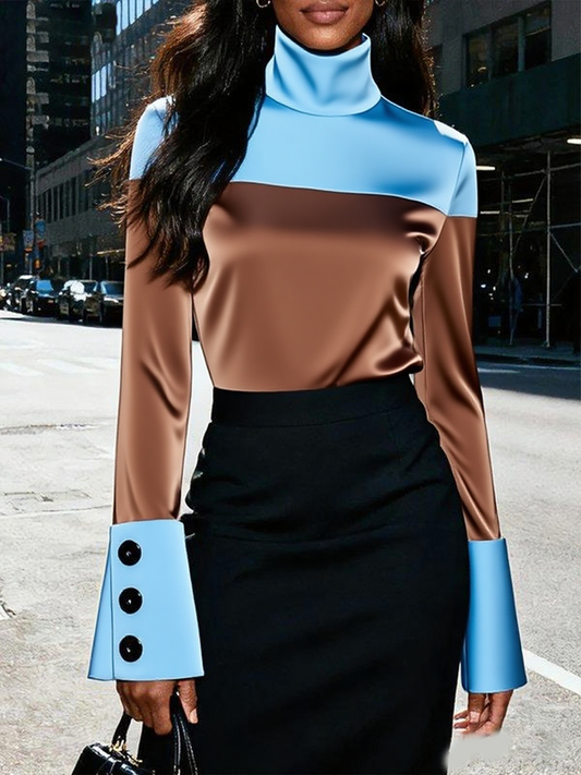 Long Sleeves Buttoned Contrast Color Split-Joint High Neck T-Shirts Tops