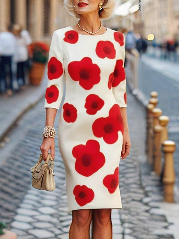 Three-Quarter Sleeves Flower Print Round-Neck Midi Dresses