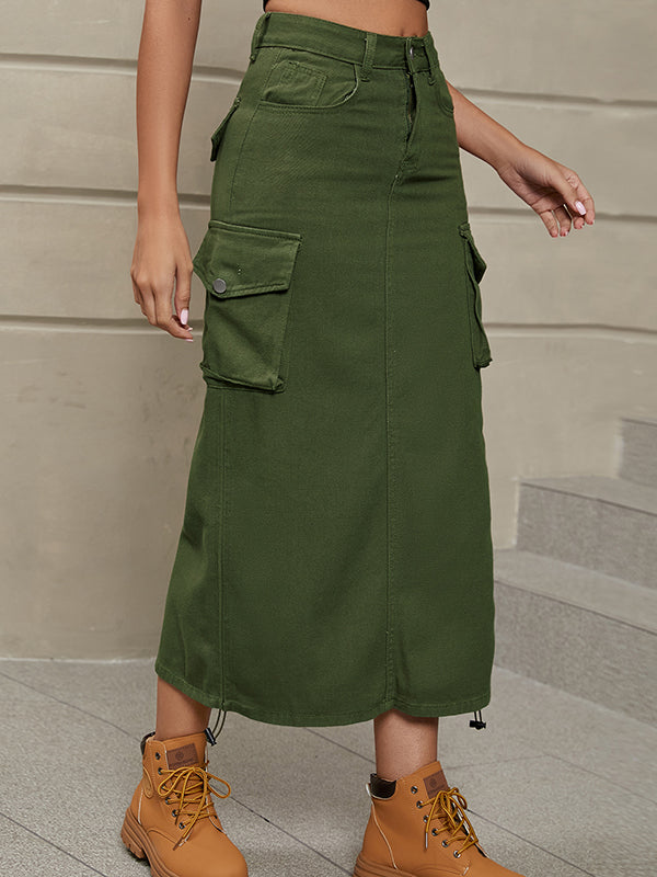 A-Line Buttoned Drawstring Pockets Solid Color Split-Side Skirts Bottoms