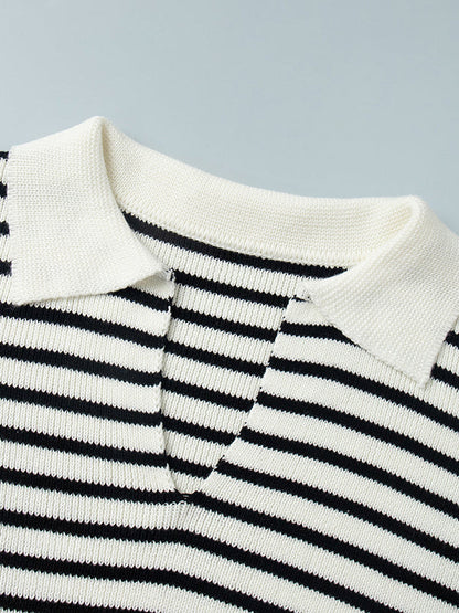 Long Sleeves Loose Split-Joint Striped Lapel Sweater Tops