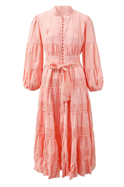 Sabina Stand Collar Lace Trim Maxi Dress