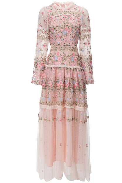 Garden 3/4 Sleeves Embellished Tulle Gown Pink