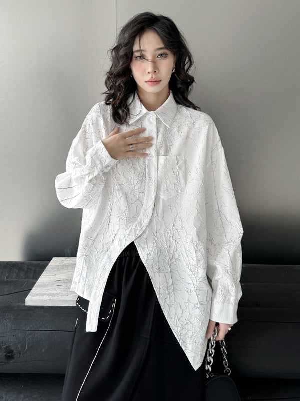 Irregularity Long Sleeves Abstract Printed Asymmetric Buttoned Wrinkled Lapel Blouses&Shirts Tops