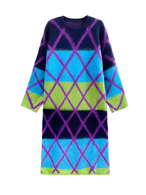 Long Sleeves Loose Contrast Color Plaid Split-Joint Round-Neck Midi Dresses Sweater Dresses