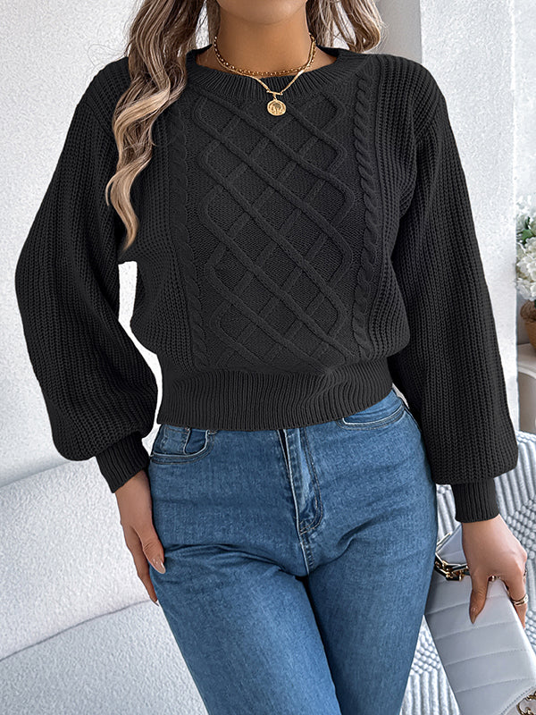 Elasticated Waist Long Sleeves Cable Knit Solid Color Round-Neck Knit Top Sweater Tops