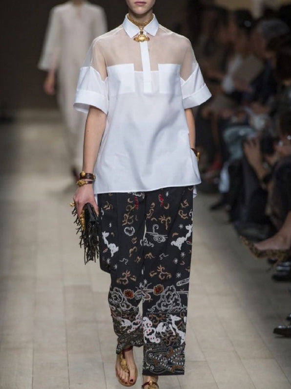 Short Sleeves See-Through Solid Color Split-Joint Lapel Blouses&Shirts Tops