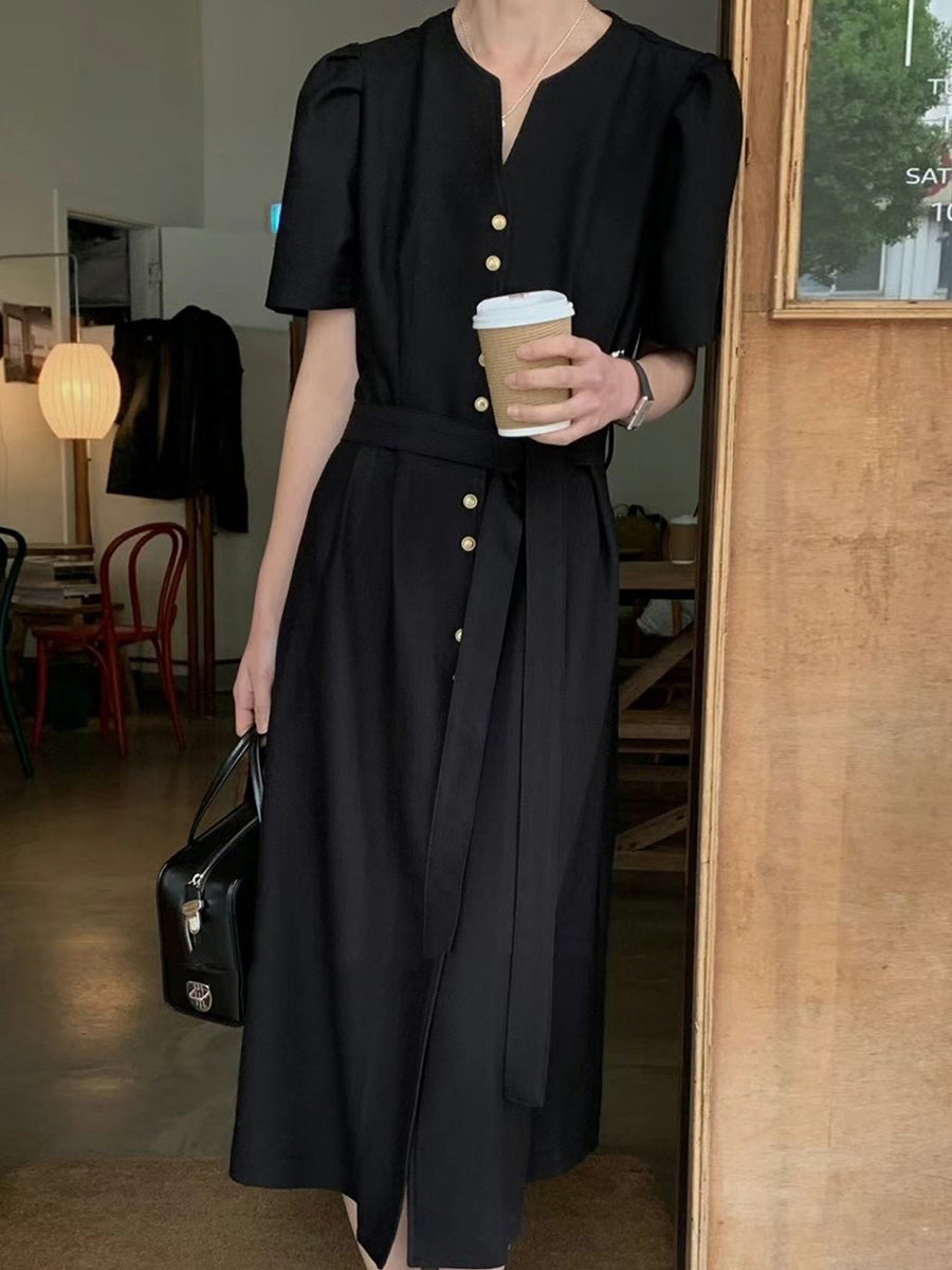 A-Line Loose Buttoned Solid Color Split-Joint Tied Waist V-Neck Midi Dresses