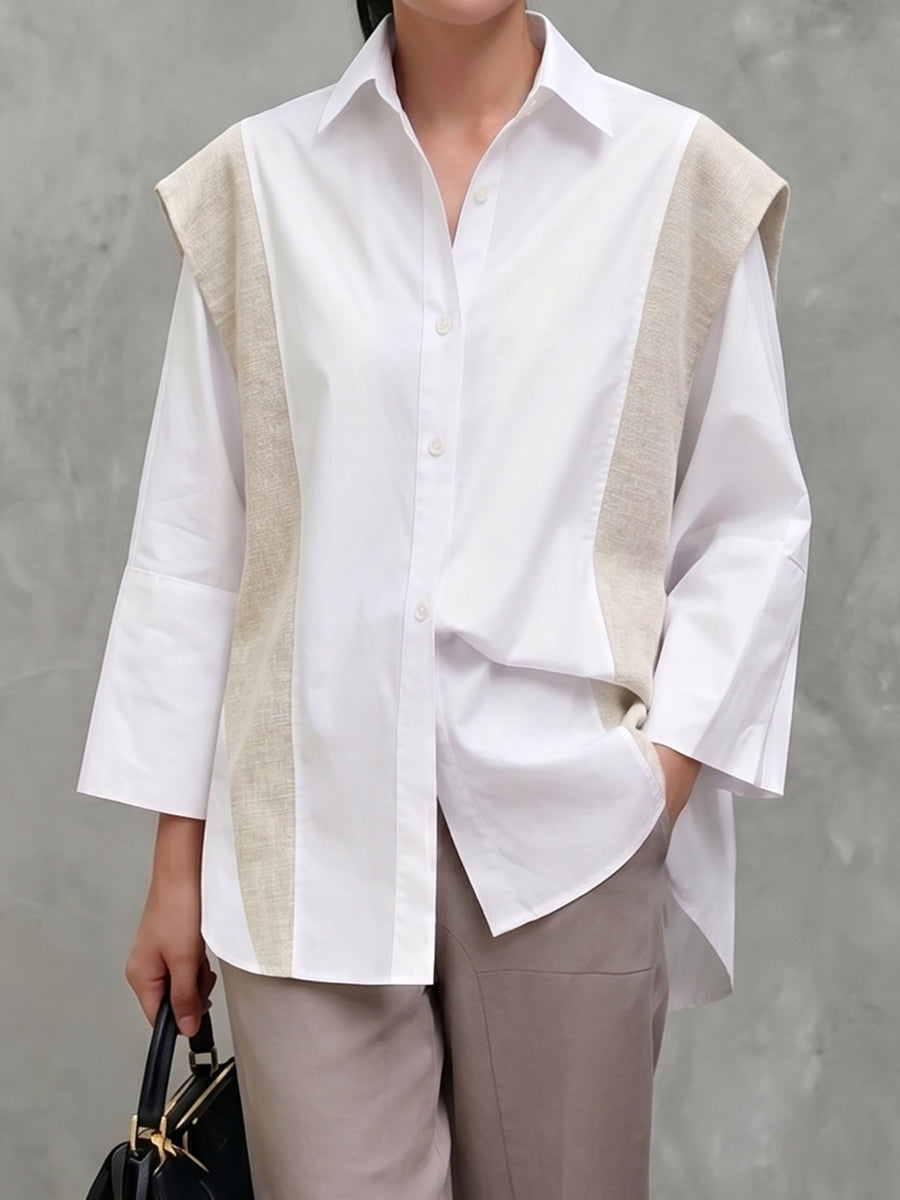 Flared Sleeves Long Sleeves Buttoned Contrast Color Split-Joint Lapel Blouses&Shirts Tops