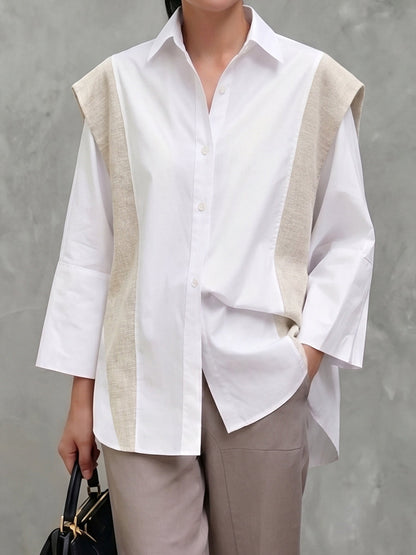 Flared Sleeves Long Sleeves Buttoned Contrast Color Split-Joint Lapel Blouses&Shirts Tops
