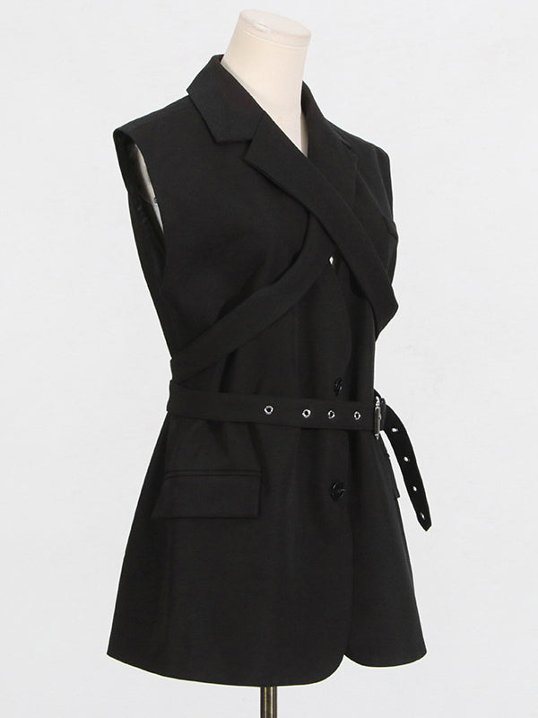 Loose Sleeveless Belted Buttoned Solid Color Notched Collar Blazer Vest Outerwear