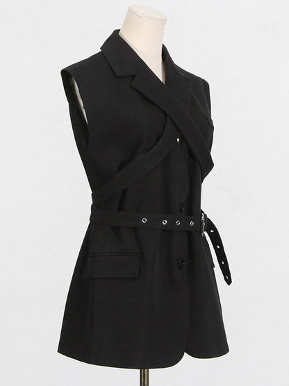 Loose Sleeveless Belted Buttoned Solid Color Notched Collar Blazer Vest Outerwear