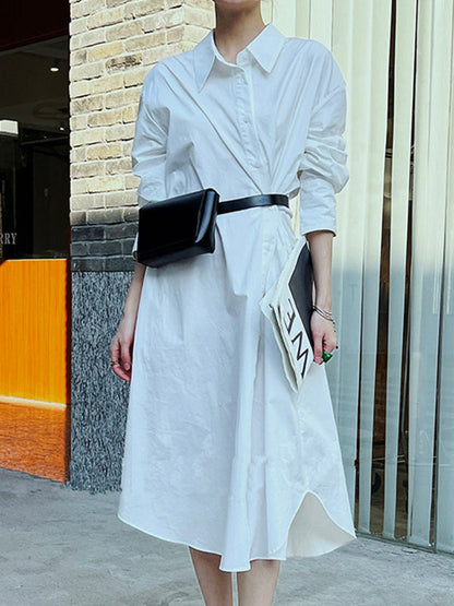 Long Sleeves Loose Asymmetric Solid Color Lapel Shirt Dress