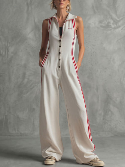 Loose Sleeveless Buttoned Pockets Striped Lapel Jumpsuits