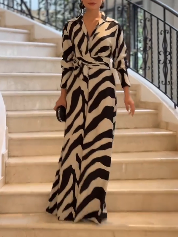 Long Sleeves Wide Leg Split-Joint Tied Waist Zebra Printed Lapel Jumpsuits