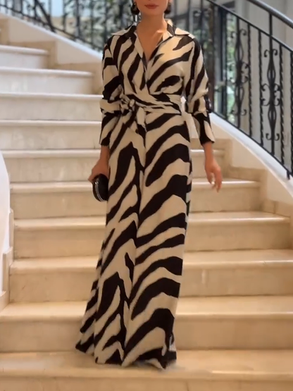 Long Sleeves Wide Leg Split-Joint Tied Waist Zebra Printed Lapel Jumpsuits