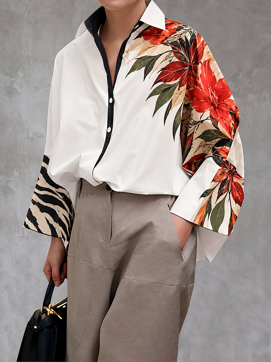 Zebra Printed Split-Joint Flower Print Contrast Color Buttoned Loose Long Sleeves Lapel Blouses&shirts Tops
