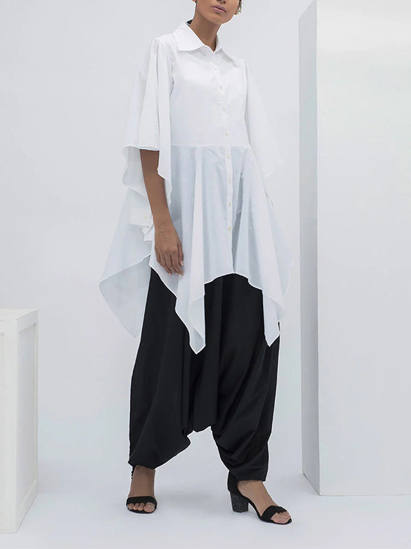 Chemisiers et chemises à manches évasées, manches mi-longues, boutonnés, couleur unie, à revers fendus 