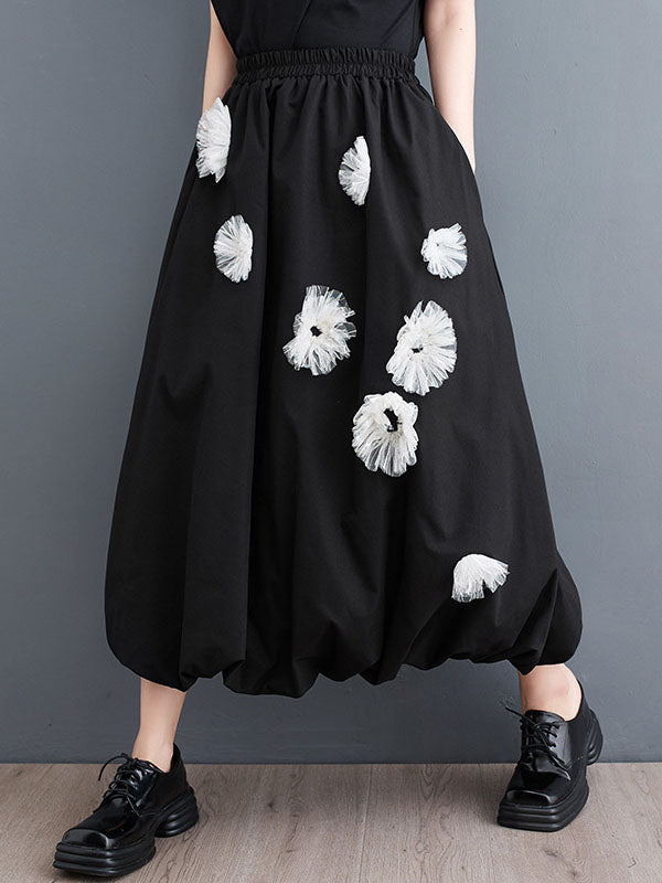 Loose Flower-Embellished Elastics Solid Color Skirts Bottoms