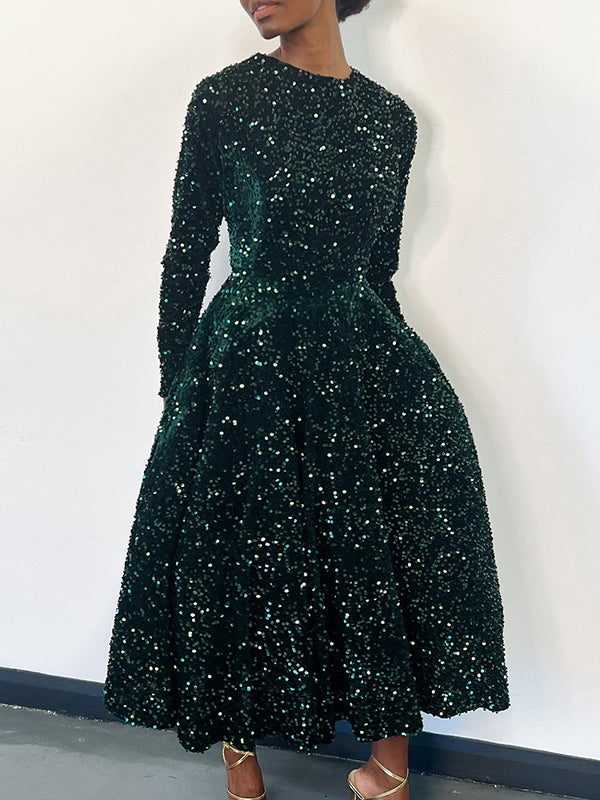 Robe longue trapèze taille haute à paillettes, fermeture éclair fendue et col rond 