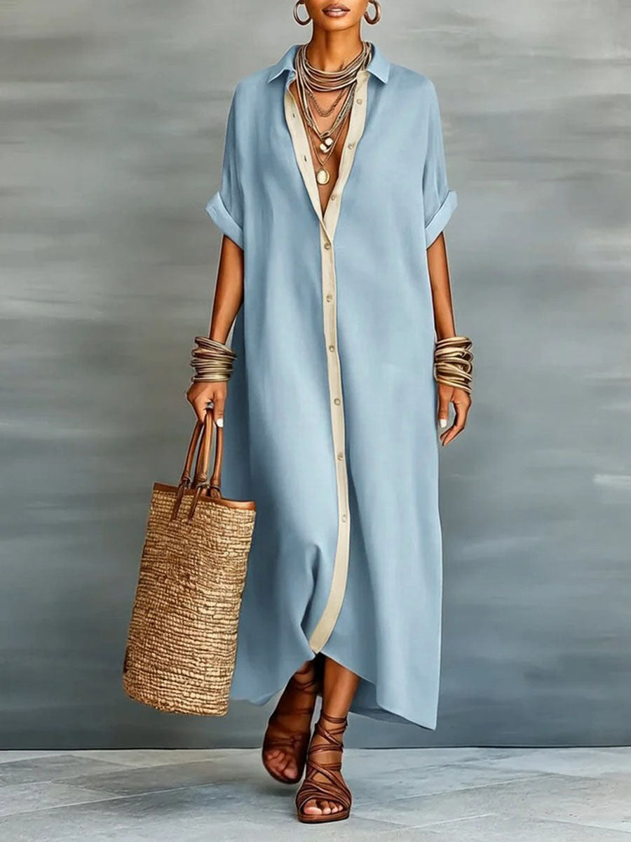 Loose Short Sleeves Buttoned Pockets Split-Joint Lapel Maxi Dresses