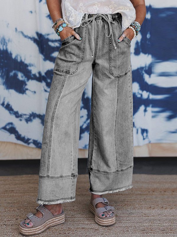 High Waisted Loose Drawstring Fringed Pockets Solid Color Jean Pants Bottoms