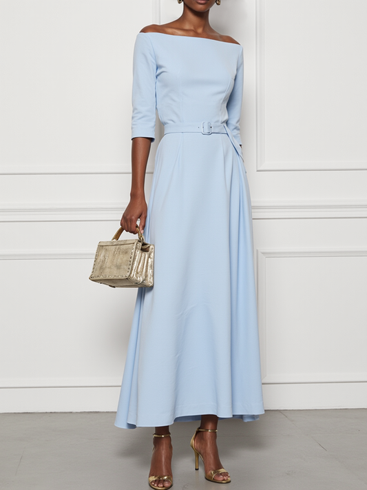 A-Line Half Sleeves Belted Solid Color Off-The-Shoulder Maxi Dresses