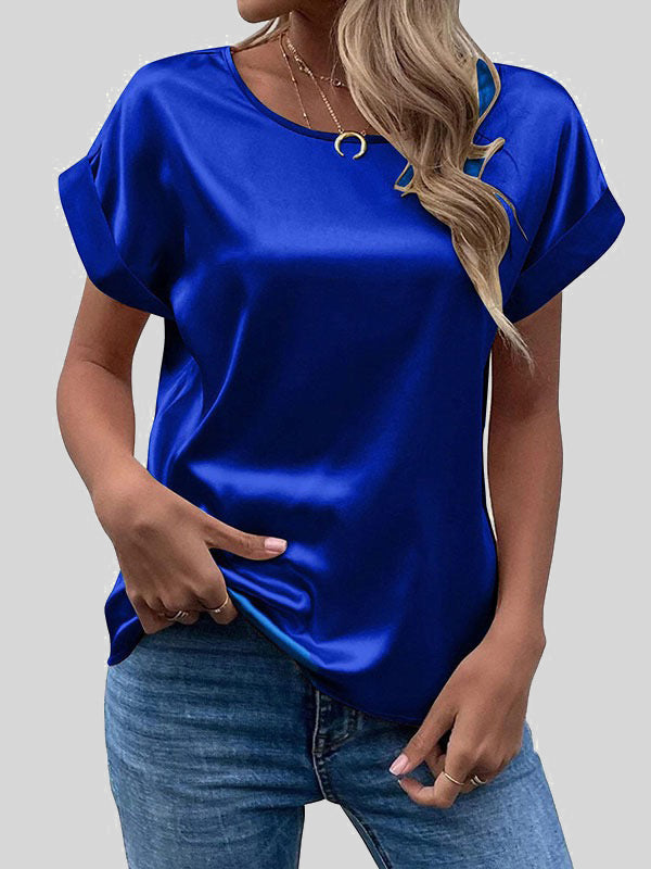 Loose Short Sleeves Solid Color Round-Neck T-Shirts Tops BLUE