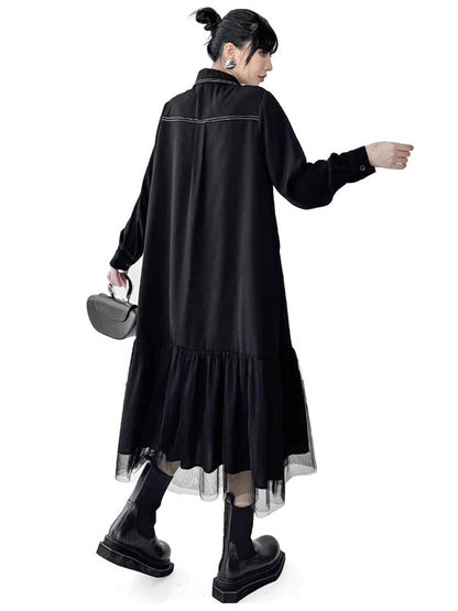 Irregularity Long Sleeves Asymmetric Buttoned Line Solid Color Split-Joint Lapel Midi Dresses Shirt Dress