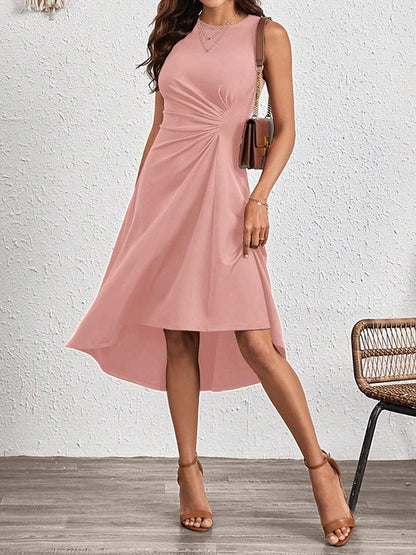 A-Line High Waisted Asymmetric Pleated Solid Color Split-Joint Round-Neck Midi Dresses
