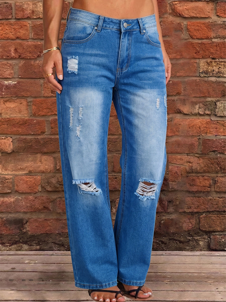 High Waisted Wide Leg Buttoned Hollow Pockets Split-Joint Jean Pants Bottoms