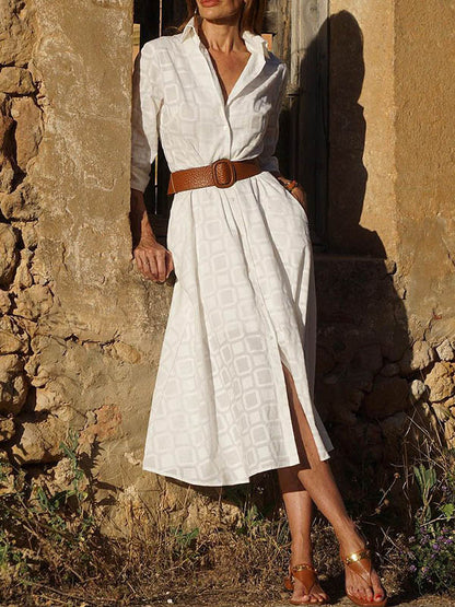 Long Sleeves Loose Split-Joint Tied Waist Lapel Shirt Dress